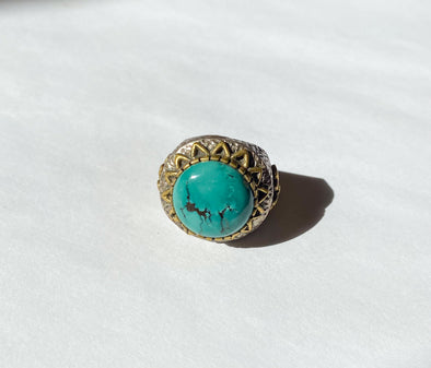 Large Turquoise Stone Silver Flowers Ring