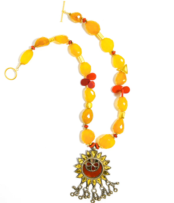 One of a Kind Yellow Chalcedony Golden Red Sun Pendant