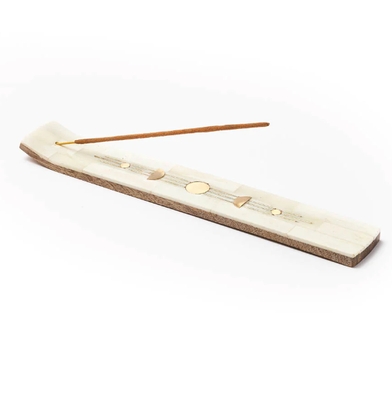 Brass Moon Phase Carved Wood and Bone Incense Holder